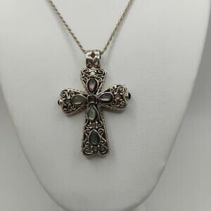 Filigree Labradorite Sterling Silver Cross on 20-inch Rope Chain